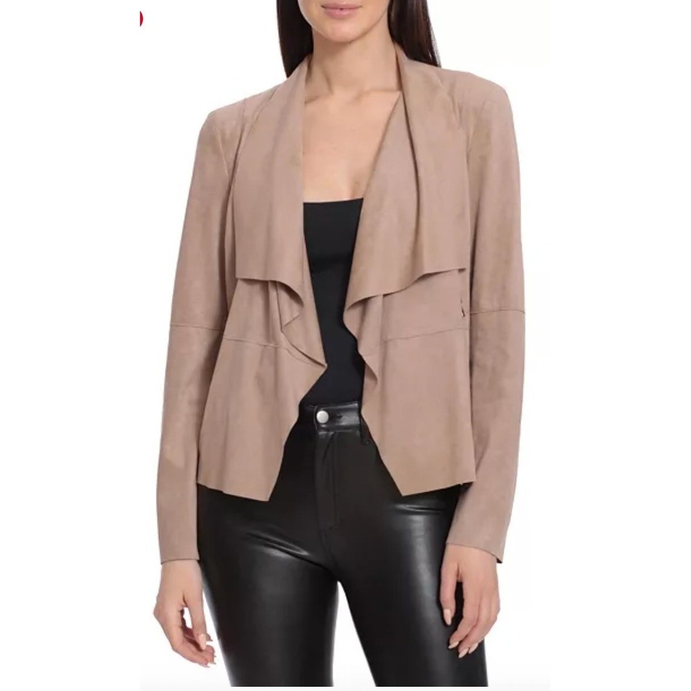 Womens Sz Med Bagatelle Faux Suede Zip Pocket Open Front Waterfall Drape Jacket